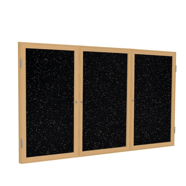 Enclosed Bulletin Board, 3 Door, Rcycl, Oak Frame, 3 ft H x 6 ft W, Tan Spckld